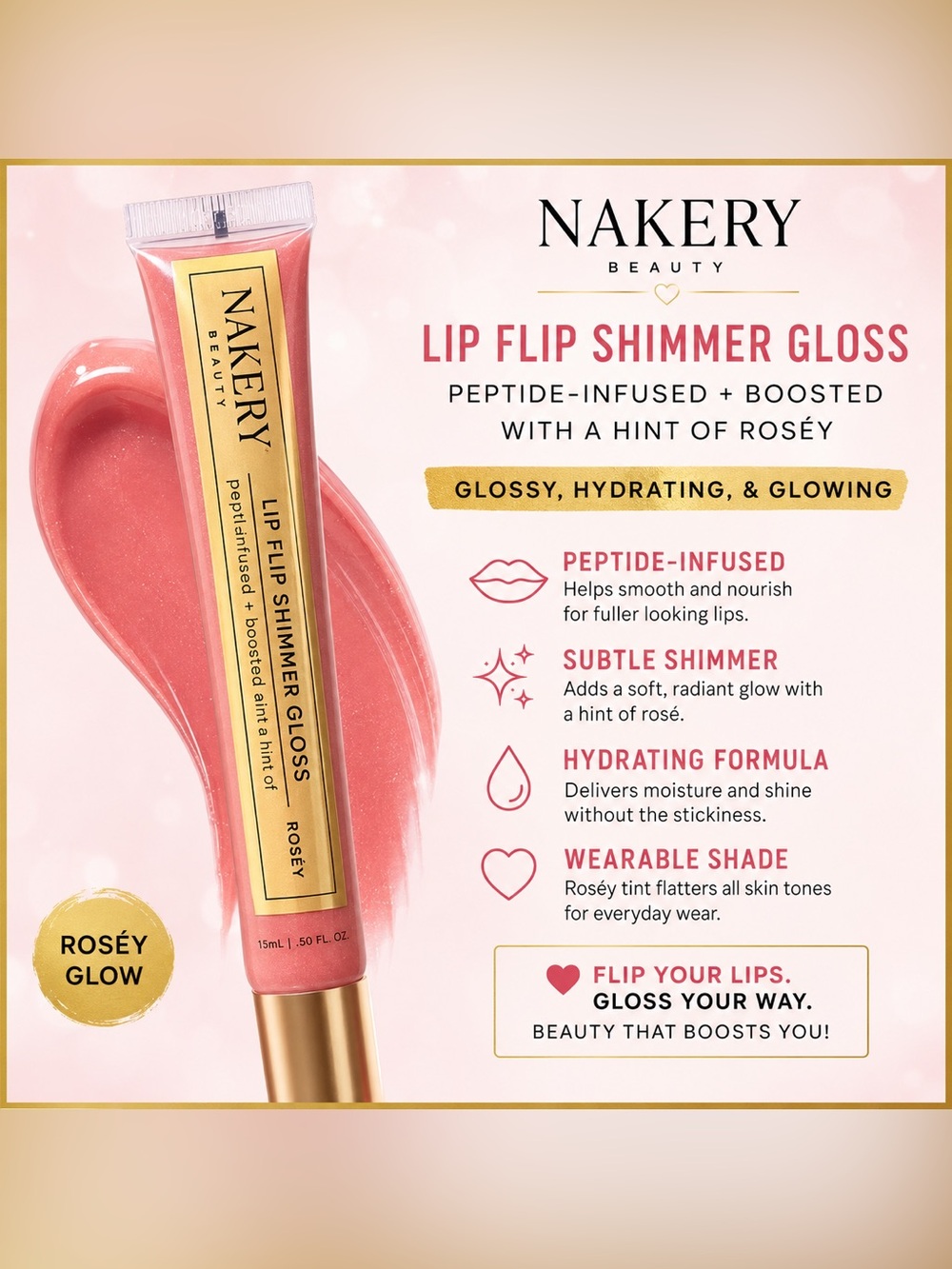 NAKERY BEAUTY LIP FLIP SHIMMER GLOSS – ROSÉY